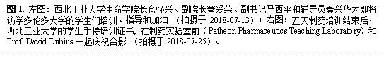 图1. 左图:新葡萄8883官网AMG长仓怀兴、副院长骞爱荣、副书记马西平和辅导员秦兴华为即将访学多伦多大学的学生们培训、指导和加油 (拍摄于2018-07-13);右图:五天制药培训结束后,新葡萄8883官网AMG的学生手持培训证书, 在制药实验室前(Patheon Pharmaceutics Teaching Laboratory)和Prof. David Dubins一起庆祝合影 (拍摄于2018-07-25)。